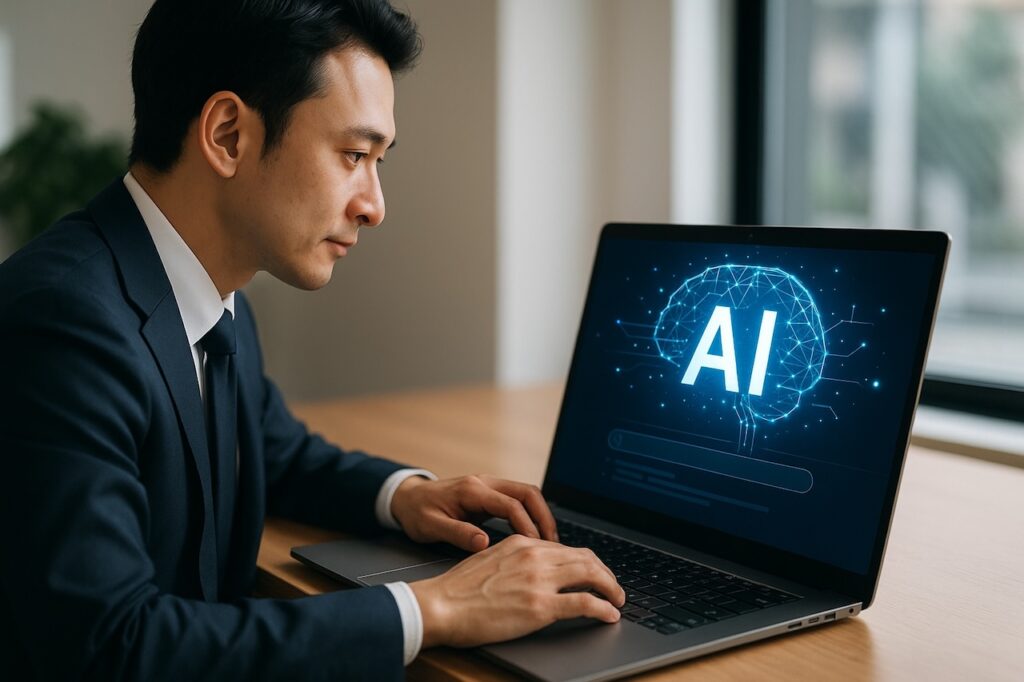 ビジネスパーソンがパソコンでAIを使って仕事をしているイメージ画像（ChatGPTによる生成画像）